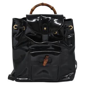Gucci Vintage Bamboo Backpack Patent Black Patent_Leather Backpack Bag